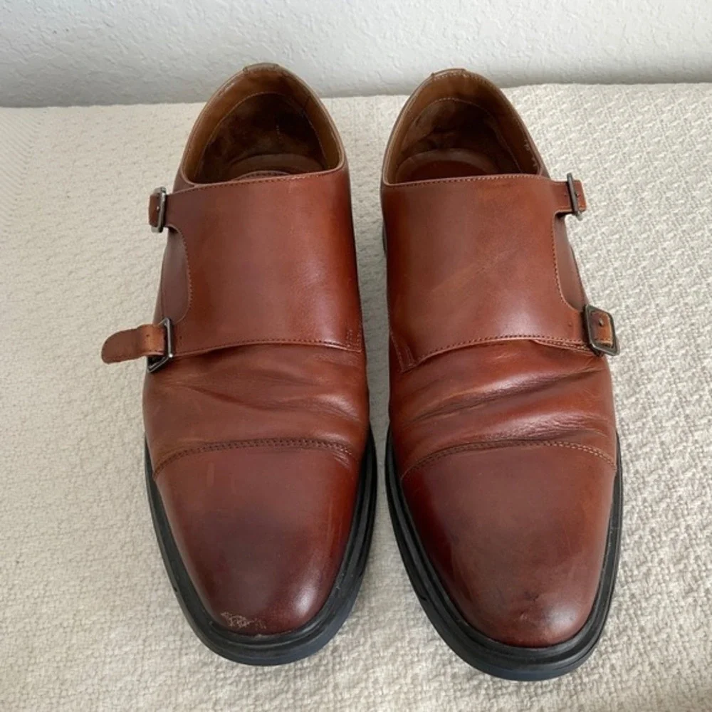 Aldo Mens Cognac Brown Leather Double Monk Strap Cap Toe Dress Shoes Size 10.5‎